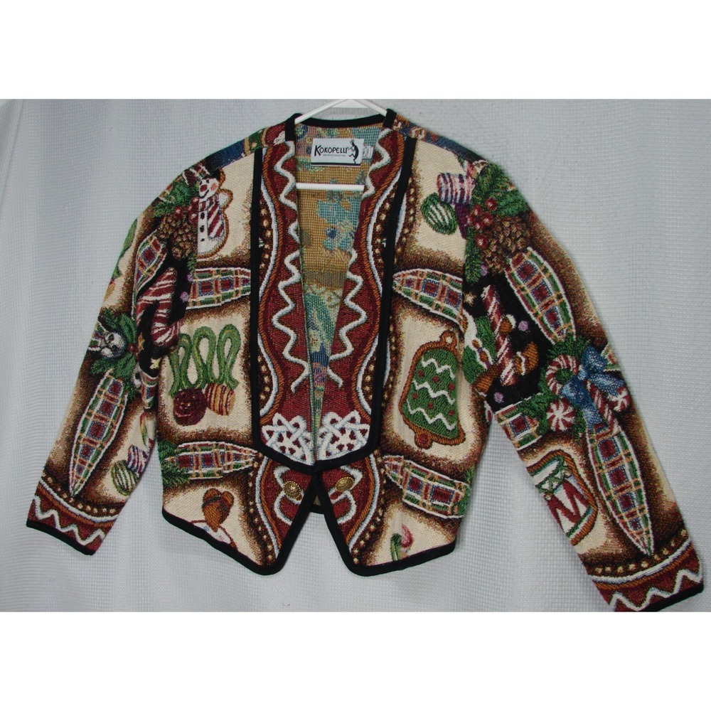 Vtg Kokopelli Christmas Tapestry  Open Jacket Crop Holiday Gingerbread House S